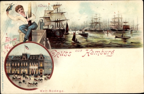 Litho Hamburg, Segelschiffhafen mit Seewarte, Matrose am Mast, Welt-Bodega