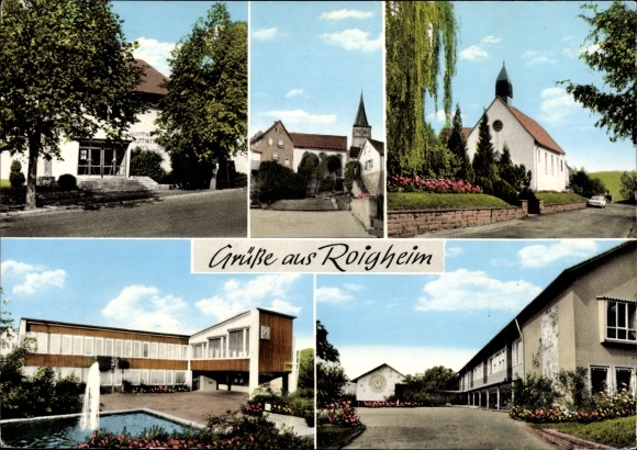 Postcard Roigheim in Baden Württemberg, church, school, surroundings