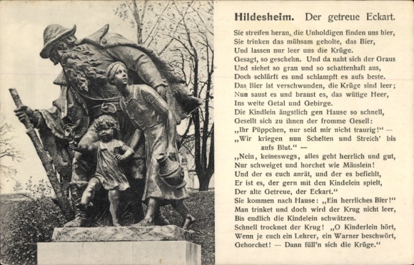 Postcard Hildesheim in Lower Saxony, sculpture by Eckart, children, beer mugs, poem text
