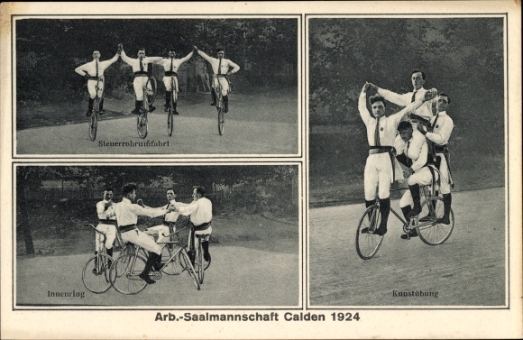 Postcard Calden in Hesse, workers hall crew 1924, steering tube bypass, art exercise, art bikes