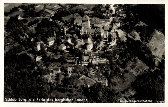 Postcard Burg an der Wupper Solingen in the Bergisches Land, aerial photography, city panorama, castle