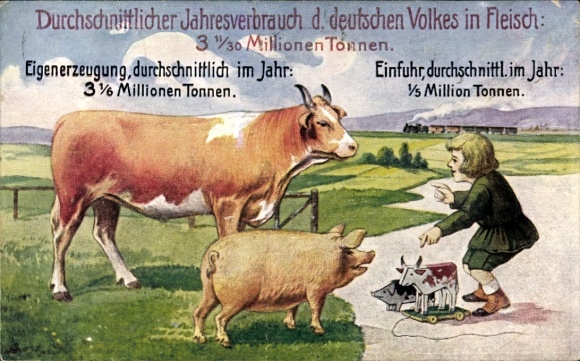 Künstler Ak Jahresverbrauch Fleisch, Eigenerzeugung, Einfuhr, Zoll und Grenzschutz, Rind, Schwein