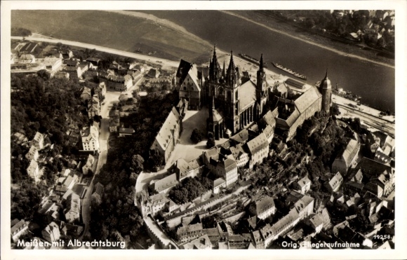Postcard Meißen on the Elbe, partial view with Albrechtsburg, aerial photograph