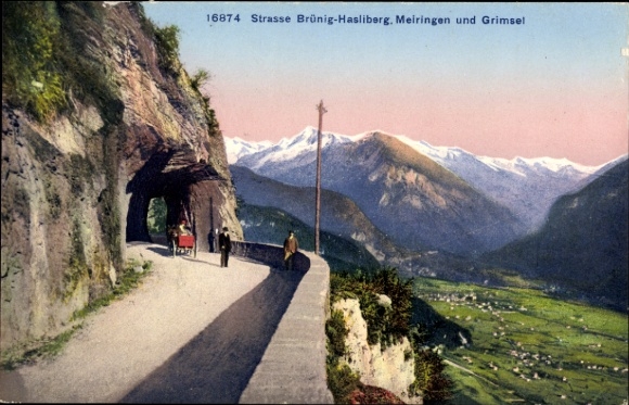 KP Brünig Meiringen Kt. Bern Szwajcaria, krajobraz górski, droga, ludzie, powóz, Alpy