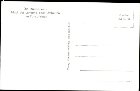 Postcard Bundeswehr, after landing while rotating the parachute, parachutist