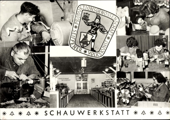 Postcard Seiffen in the Ore Mountains, production cooperative PGH Seiffen folk art, demonstration workshop