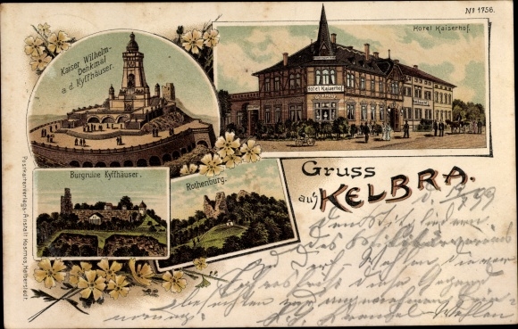 litho Kelbra Südharz, Kaiser Wilhelm-monument, kasteelruïne, Kyffhäuser, Rothenburg, Hotel Kaiserhof