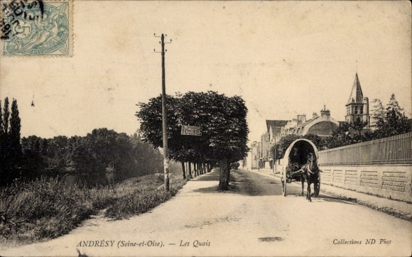 Ak Andrésy Yvelines, Straße mit Baum, Pferdewagen, Häuser, Kirche