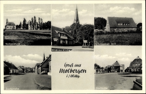Ak Molbergen in Oldenburg, St. Johannes Stift, Kirche, Volksschule, Dorfstraße, Dorfmitte