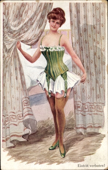 Artist Postcard Zahl, H., Entry prohibited, woman in underwear, stockings, corset