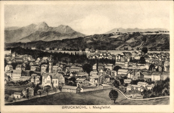 Postcard Bruckmühl in Upper Bavaria, general view, Mangfalltal