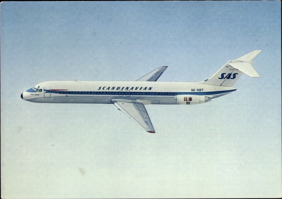 Postcard Douglas DC 9, passenger aircraft in flight, Scandinavian Airlines, SAS