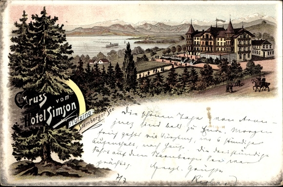 Forerunner Chromo-Litho Tutzing in Upper Bavaria, Hotel Simson, Lake Starnberg, 1895