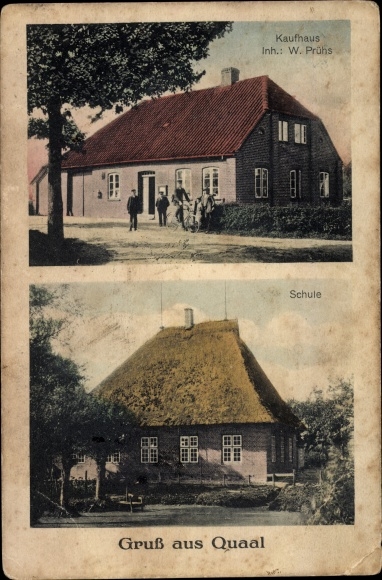 Postcard Quaal Rohlstorf in Schleswig Holstein, department store W. Prühs, school