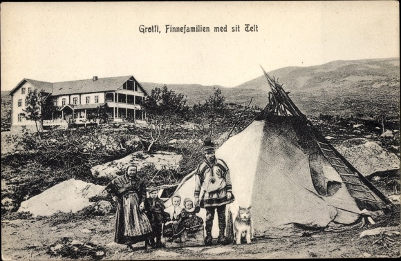 Postcard Grotli Norwegen, The Finnish family with their tent