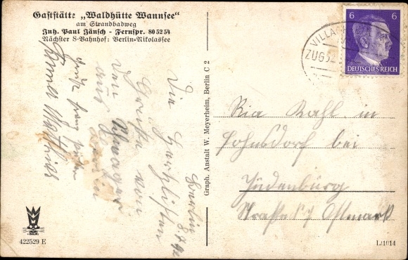 Postcard Berlin Zehlendorf Nikolassee, Waldhütte Wannsee restaurant, on Strandbadweg