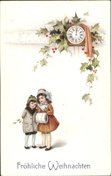 Ak Iserlohn im Märkischen Kreis, Weihnachtsgruß mit zwei Kindern und einer Uhr.