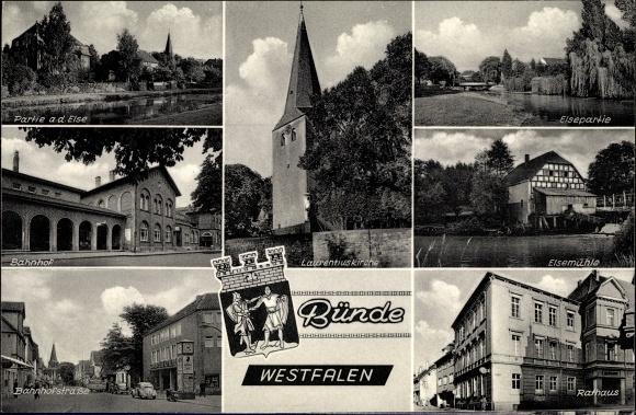 Postcard Bünde in the district of Herford, views, Laurentiuskirche, Elsepartie, Elsemühle, town hall, train station