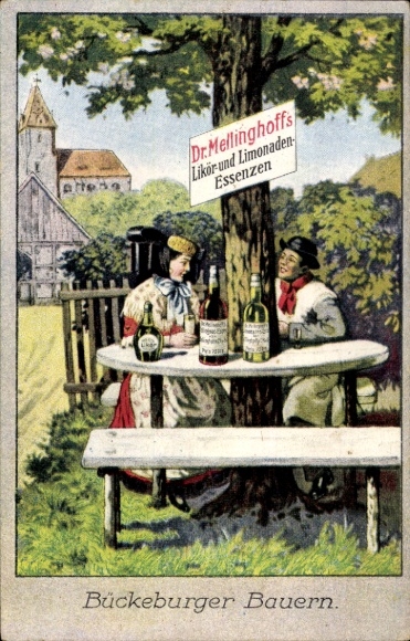 Postcard Bückeburg farmers in traditional costume, advertising Dr. Mellinghoff's liqueur and lemonade essences