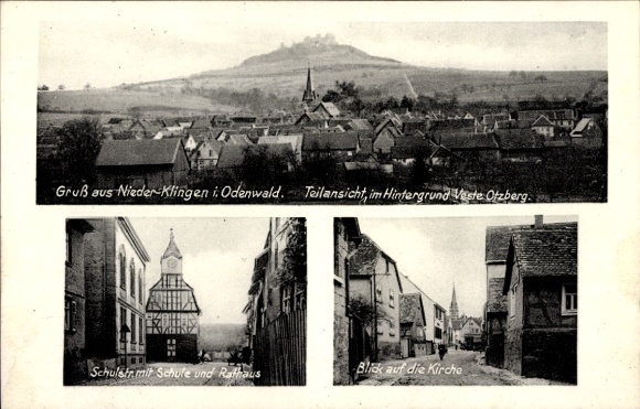Ak Nieder Klingen Otzberg Odenwald, Teilansicht m. Veste Otzberg, Schulstraße m. Schule u. Rathaus