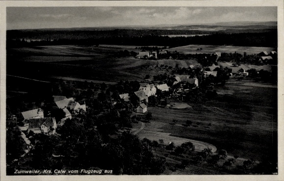 Postcard Calw in the Black Forest, aerial view of Zumweiler, rural surroundings, view of houses