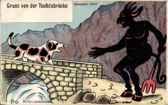 Artist Postcard Devil's Bridge, Devil, Dog, Rock