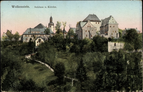Luminous window Postcard Wolkenstein in the Ore Mountains, castle and church