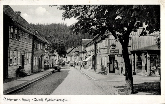 PC Altenau i. Harz, street with shops, factory, kiosk
