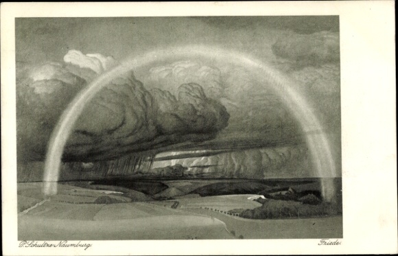 Artist Postcard Schultze, peace, allegorical landscape, thunderstorm, rainbow