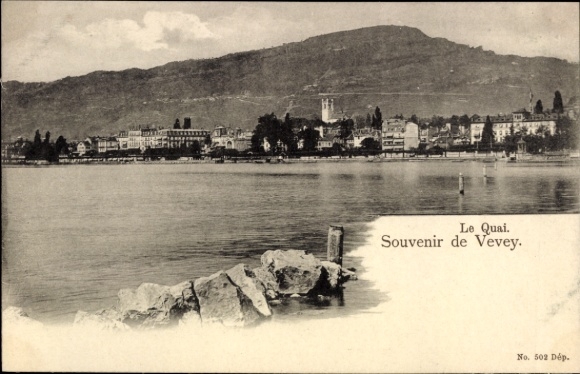 KP Vevey Canton Vaud, widok na jezioro z górami w tle, tekst: Souvenir de Vevey