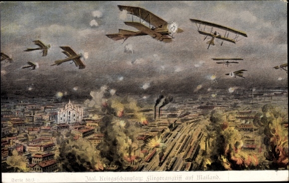Artist PC Milano Milan Lombardia, air raid on the city, KuK combat aircraft, I WW