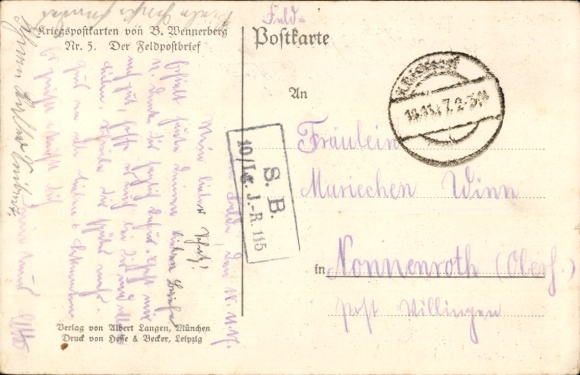 Kunstenaarsbriefkaart Wennerberg, Bruno, de veldpostbrief, vrouw, postbode