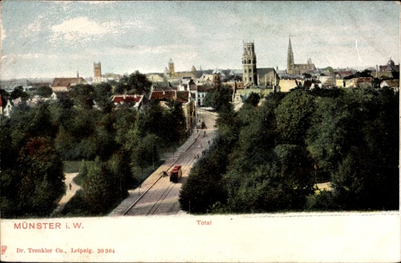 Ak Münster in Westfalen, Totale, Straßenbahn