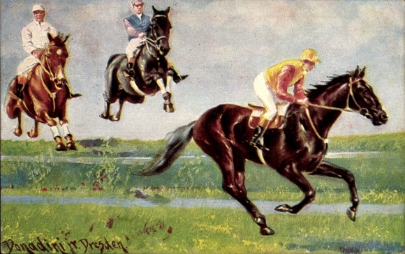 Künstler Ak Donadini, Pferde, Springreiten