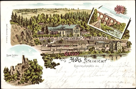 Chromo-Litho Rentzschmühle Pöhl in Vogtland, Elstertal Bridge, Liebau ruins, view of the town, train station