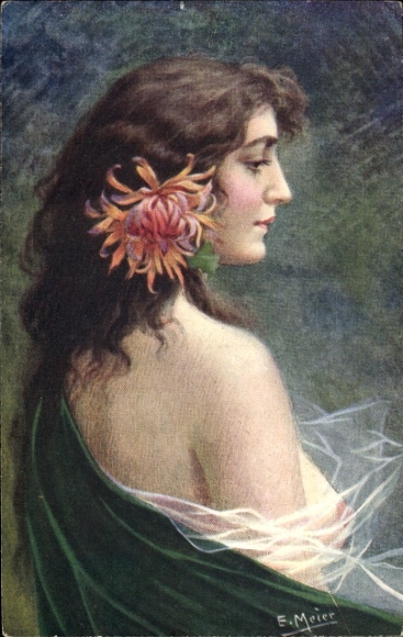 Artist Postcard Meier, portrait of a woman, side view, erotic