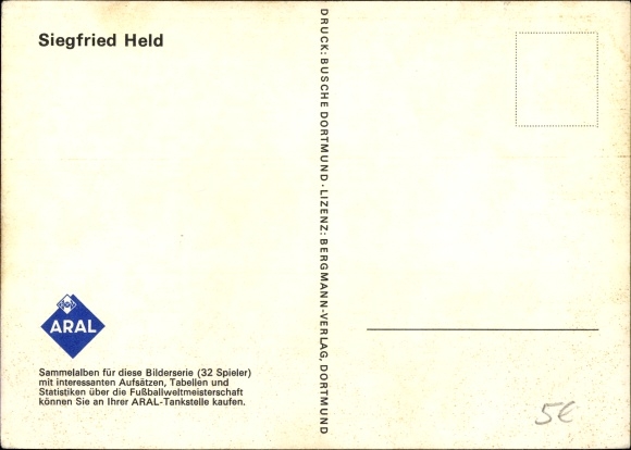 Postcard soccer player Siegfried Held with soccer ball, Borussia Dortmund, Aral collection picture