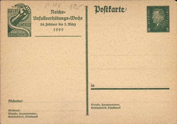 Postal stationery Postcard PP 113, Reich Accident Prevention Week 1929