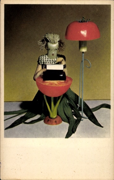 Postcard art from vegetables with typewriter
