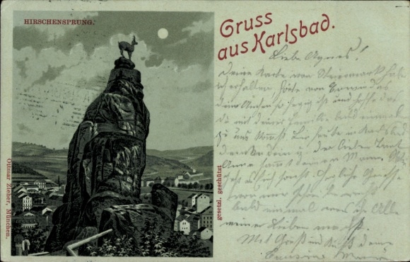 Moonlight Chromo-Litho Karlovy Vary Karlsbad City, Hirschensprung