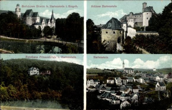 Postcard Hartenstein in the Ore Mountains Saxony, Stein Castle, Prince's Cave Forester's House