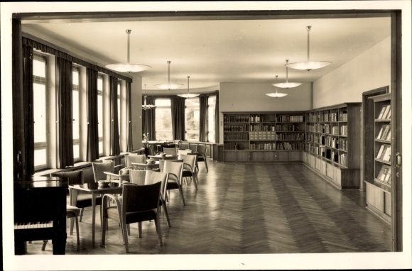 Postcard Sankelmark Oeversee Schleswig Holstein, border academy, library, day room