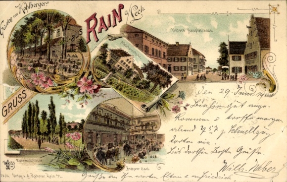 Chromo-Litho Rain am Lech Schwaben, Untere Hauptstraße, Kohlberger's garden, girls' school, Bahnhofstraße