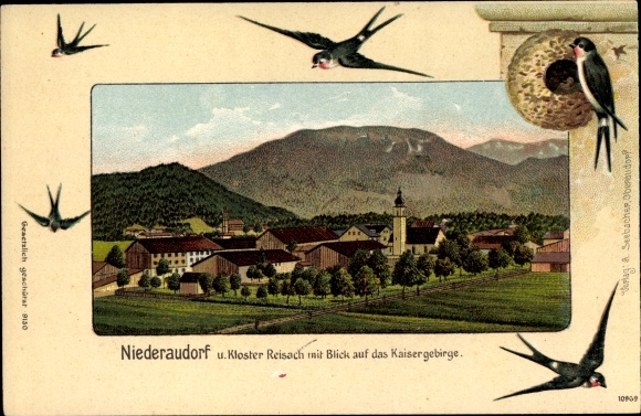Embossed Passepartout Chromo-Litho Niederaudorf Oberaudorf, Reisach Monastery, Kaiser Mountains, Swallows