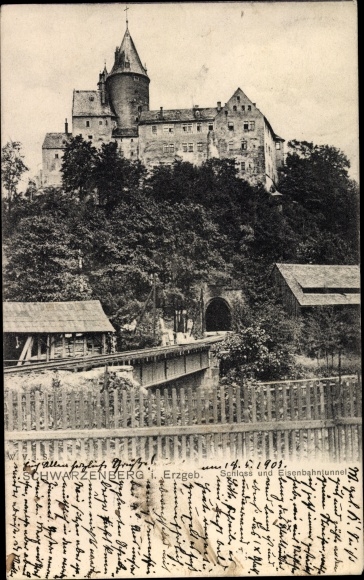 Postcard Schwarzenberg in the Erzgebirge of Saxony, castle, railway tunnel
