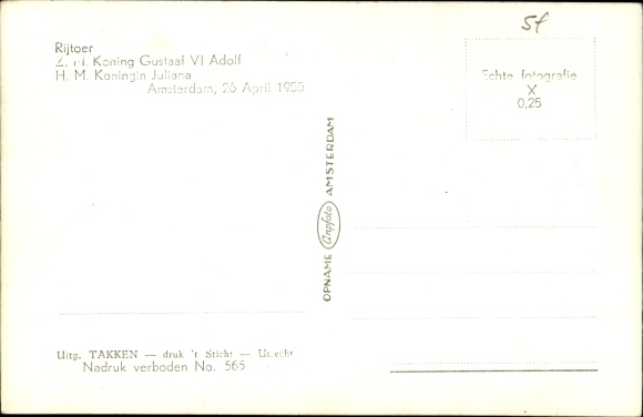 Postcard Amsterdam, King Gustaaf VI Adolf of Sweden with Queen Juliana of the Netherlands, 1955