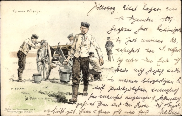 Kunstenaar litho Becker, C., Grote wasbeurt, soldaten maken pistool schoon