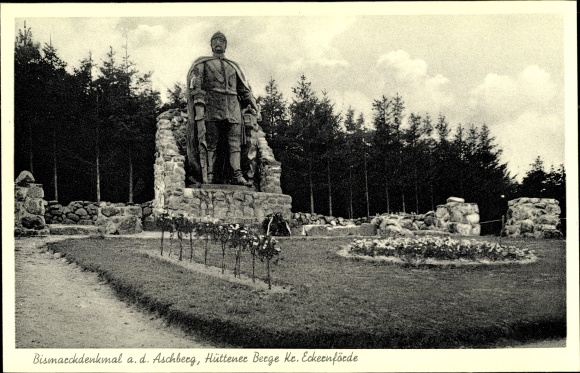 Postcard Ascheffel in the Eckernförde district, Bismarck monument on the Aschberg, Hüttener mountains