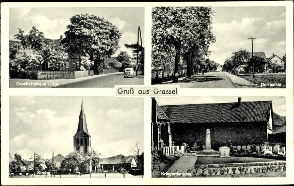 Postcard Grassel Meine in Lower Saxony, shop Lütge, church, war memorial, village party