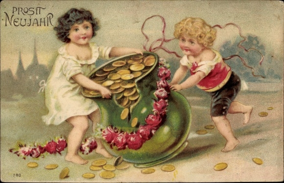 Präge Ak Glückwunsch Neujahr, Kinder, Münzen, Rosen